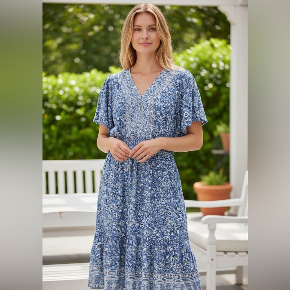 NWT LEA Cotton Boho Blue White Floral Puff sleeve Midi Dress SZ-3X Pockets